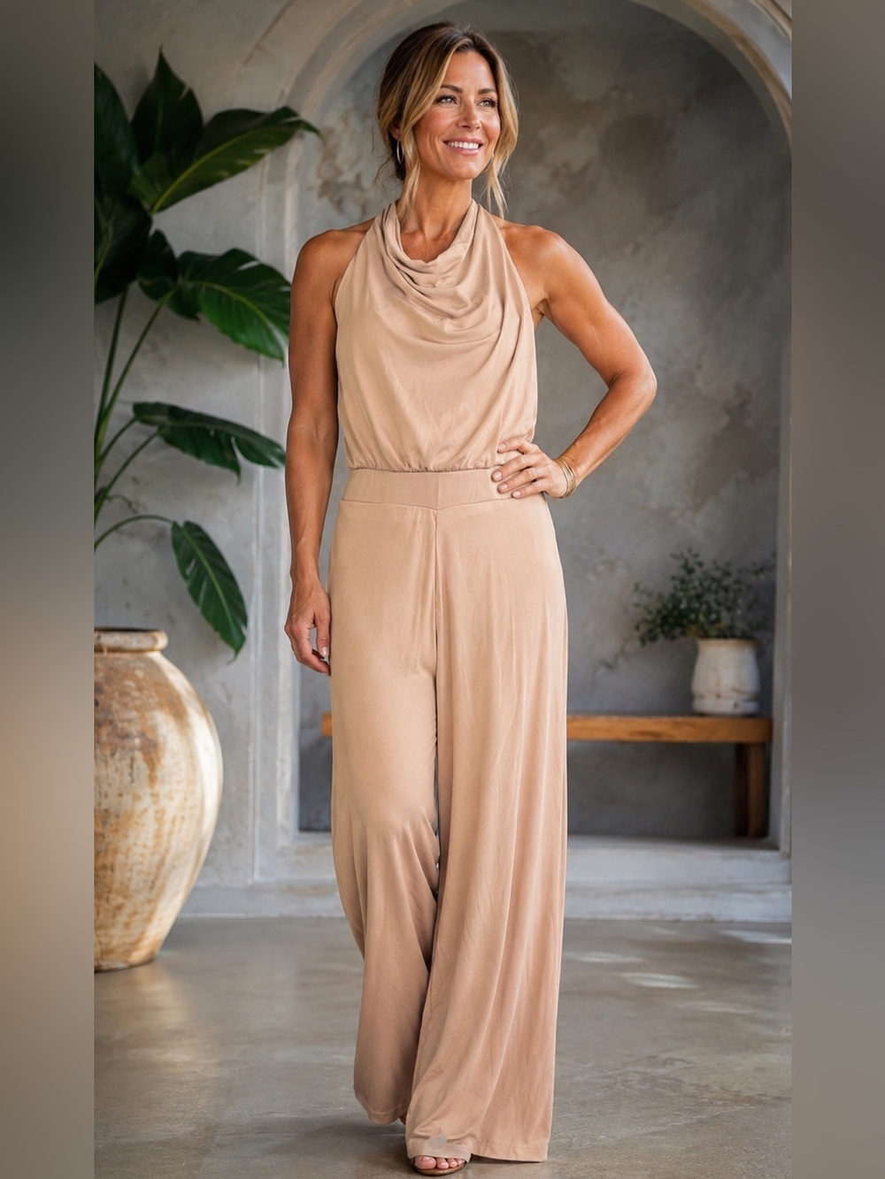 Balera Dancewear  Cowl Neck Halter Jumpsuit backless Blush Pink M